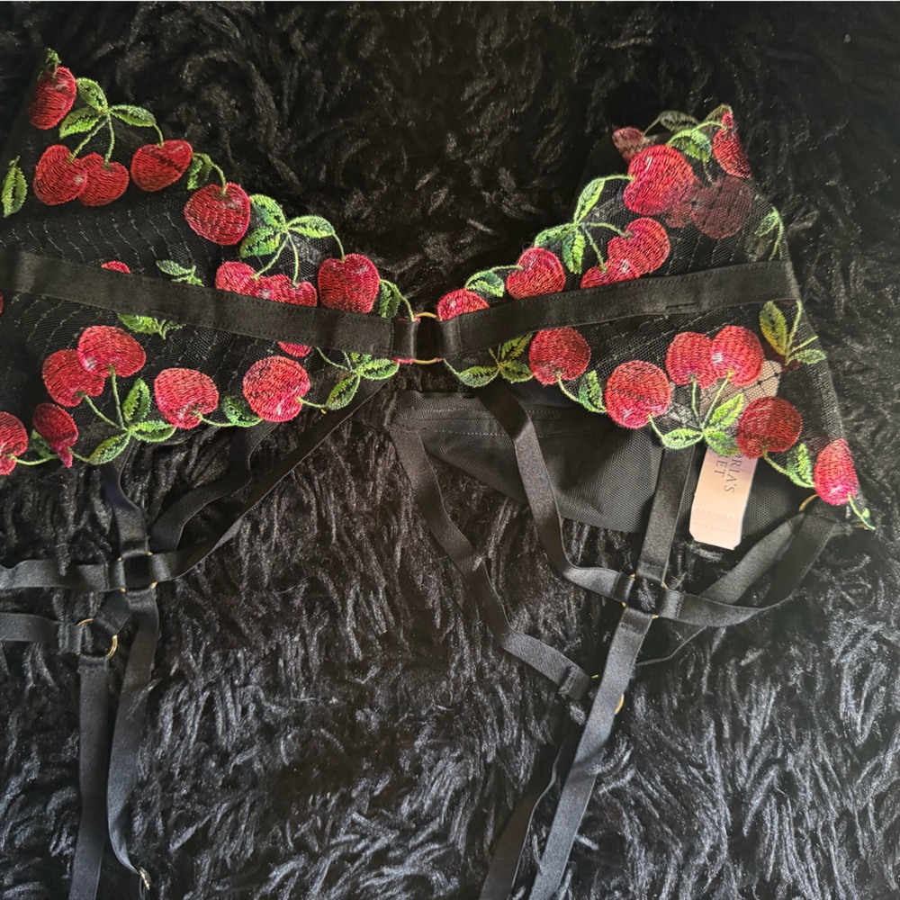 Victoria's Secret Black Garter with Cherry Embroidery
